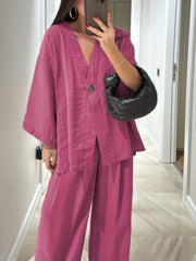 Women's Solid Color V-Neck Cardigan Top High Waist Casual Linen Wide Leg Pants Set