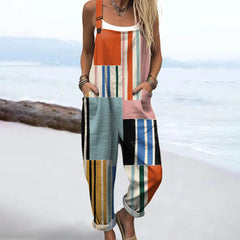 Women's Abstract Geometric Line Pattern Art Print Casual Cotton Wide Leg Jumpsuit