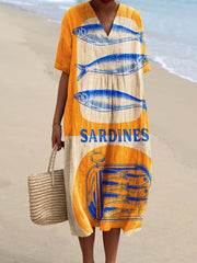 Women's Vintage Fish Sardine Art Print Flowy Dress