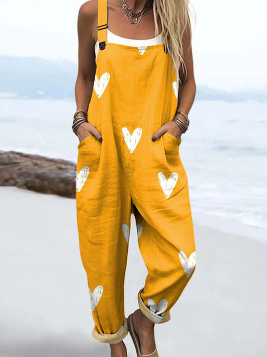 Women's Yellow Art Love Print Casual Cotton Wide Leg Jumpsuit