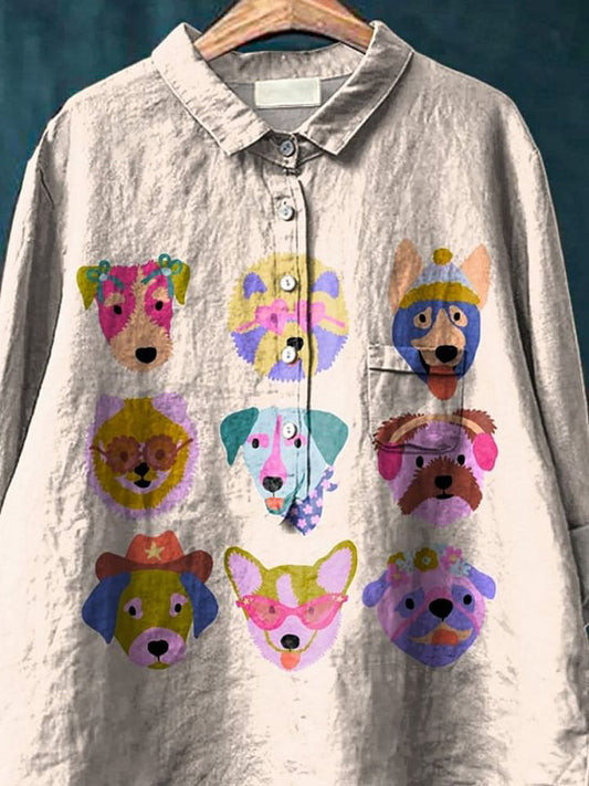 Cartoon Puppy Dog Graphic Printed Women's Casual Cotton And Linen Shirt