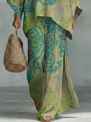 Women's Vintage Floral Art Comfortable Loose Cotton Linen Wide-leg Pants Two-piece Set