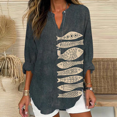 Dashingsoul Fish Japanese Lino Art Print V Neck Long Sleeve Blouse