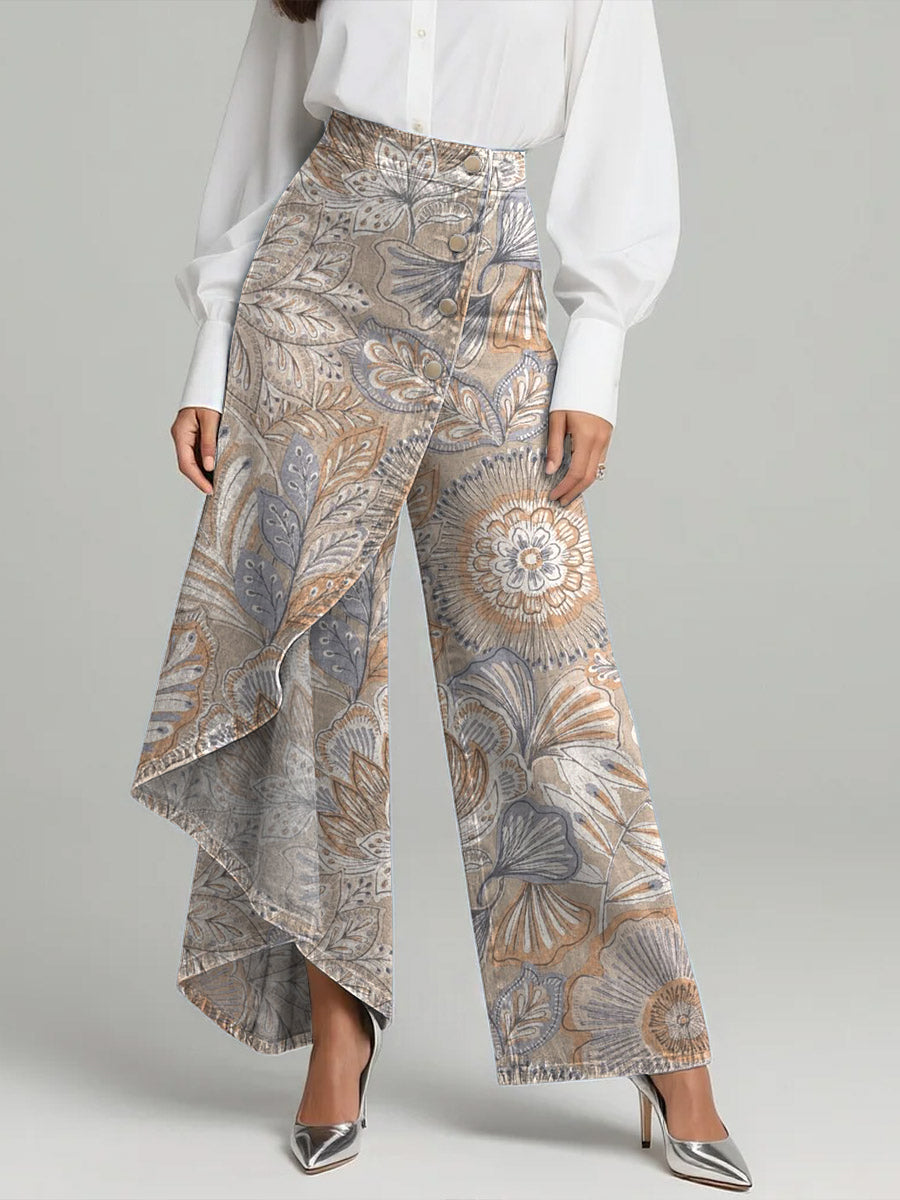 Women's Vintage Flower Print High-waisted Relaxed Fit Wide-leg Jeans With A Stylish Design.