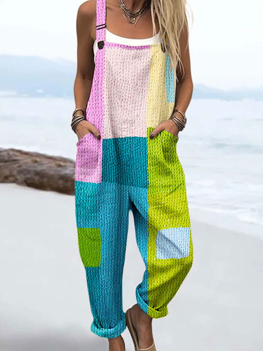 Women's Vintage Abstract Geometric Line Art Print Casual Cotton Wide Leg Jumpsuit