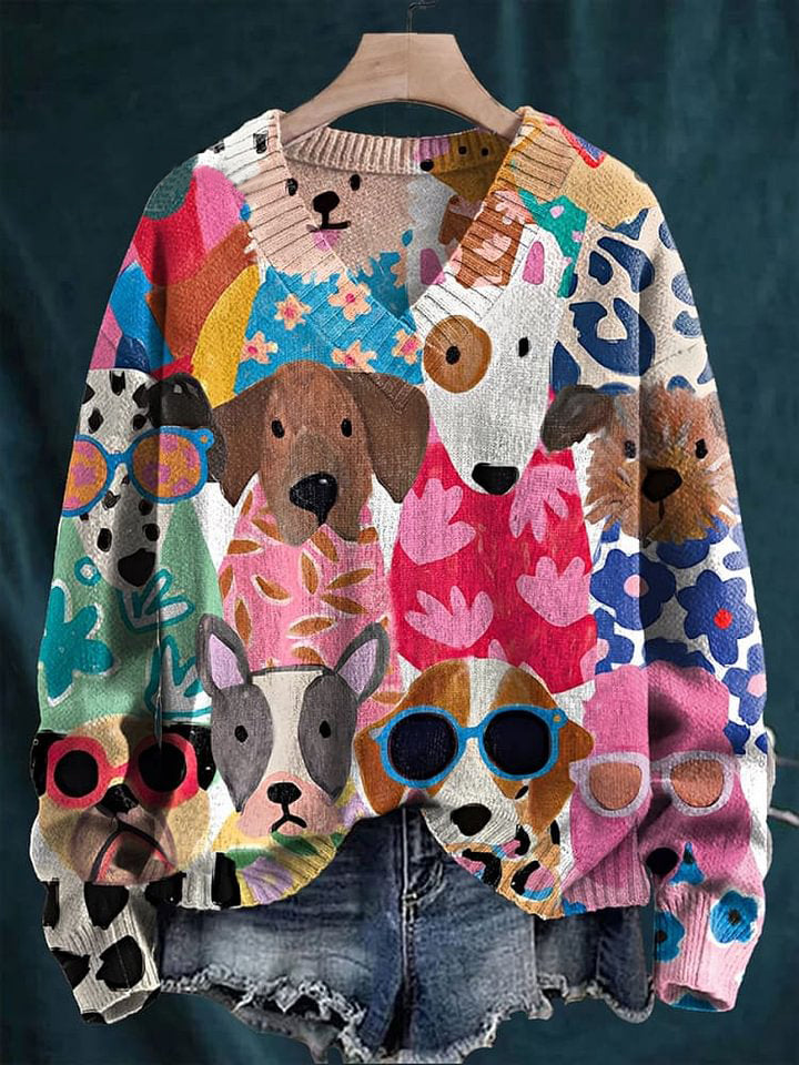V-neck Women's Cartoon Flower Shirt for Puppies Print Long Sleeve Sweater