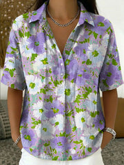 Women's Vintage Botanical Floral Casual Polo Collar Short-sleeved Linen And Cotton Shirt