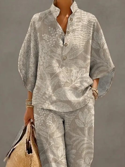 Women's Retro Floral Art Print Casual 3/4 Sleeve Top And Pants Cotton Linen Suits
