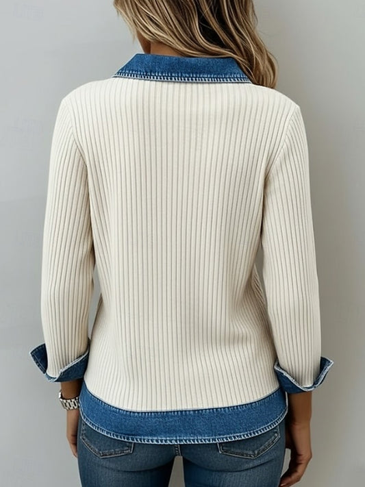 Daily Knitted White V Neck Long Sleeve Contrast Casual Denim Blouses