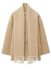 Women's Thickened Loose Woolen Coat with Scarf and Tassels
