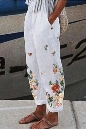 Floral Print with Pockets Elastic Waist Pants