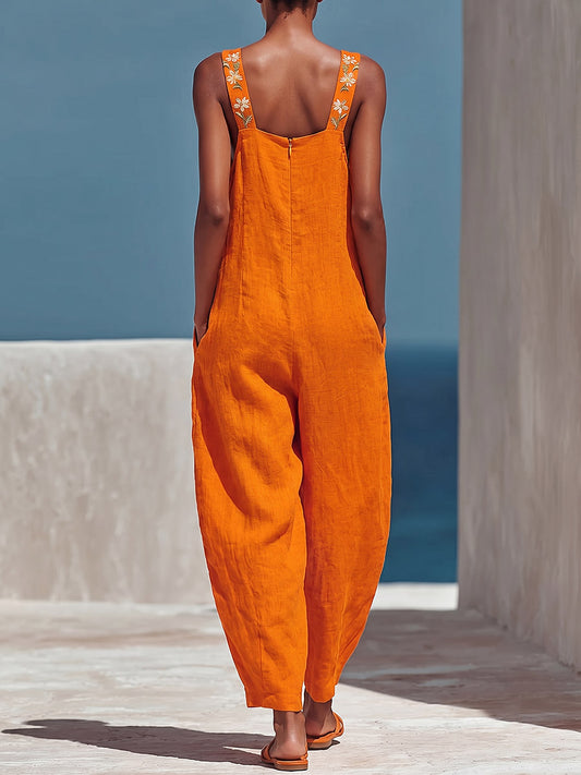 Women's Square-neck Sleeveless Loose-fit Cotton-linen Wide-leg Jumpsuit