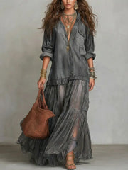 Mixed-Media Denim Art Dress - Elegant Organza Paneled Long Dress