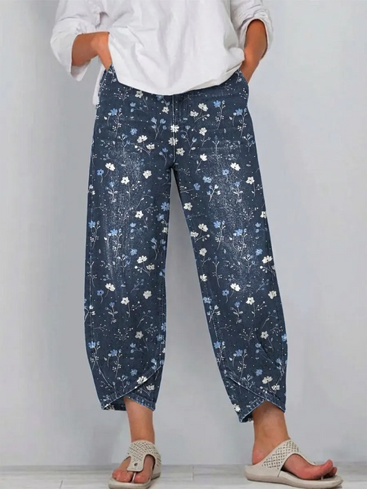 Women's Vintage Floral Pattern Art Print Casual  Denim Pants
