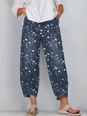 Women's Vintage Floral Pattern Art Print Casual Denim Pants