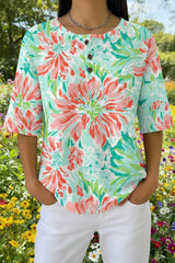 Womens Green Coral Tropical Floral Print Casual Waffle Cotton Shirt