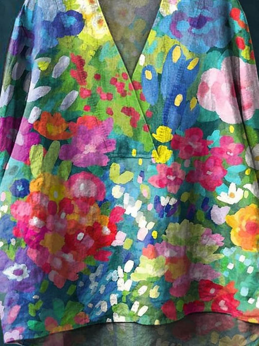 Women's Vintage Lovely Floral Art Print Casual Cotton And Linen V-neck Shirt