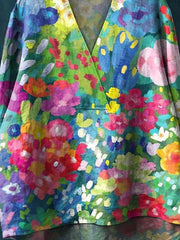 Women's Vintage Lovely Floral Art Print Casual Cotton And Linen V-neck Shirt