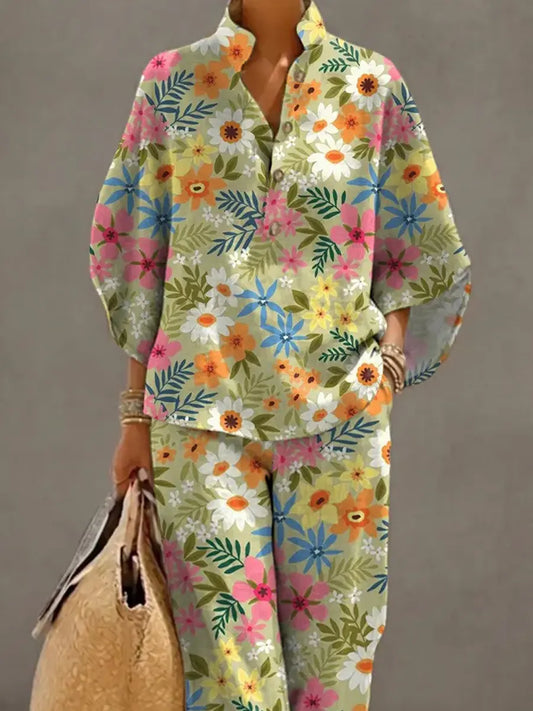 Women's Floral Art Print Casual 3/4 Sleeve Top And Pants Cotton Linen Suits