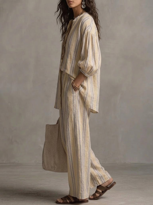 Women's Bohemian Loose Striped Cotton And Linen Set