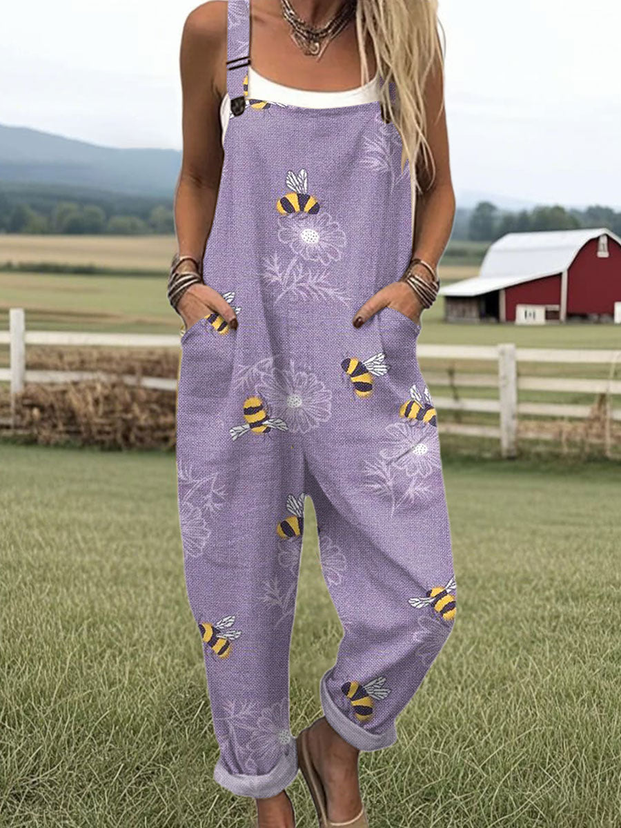 Women's Bee Art Print Casual Cotton Wide Leg Jumpsuit