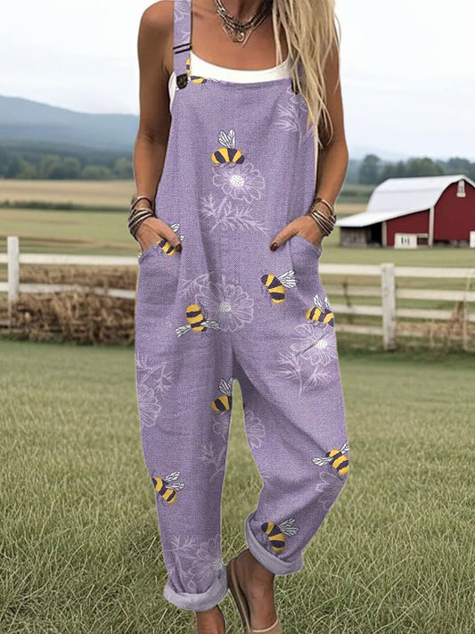Women's Bee Art Print Casual Cotton Wide Leg Jumpsuit