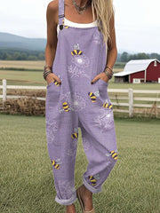 Women's Bee Art Print Casual Cotton Wide Leg Jumpsuit