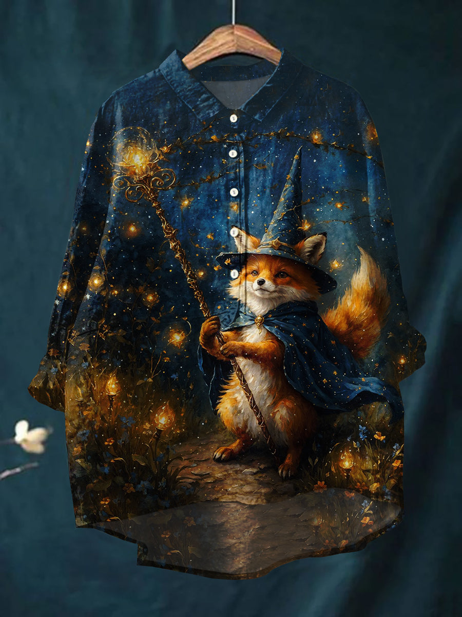 Women's Fox Art Print Casual Cotton and Linen Top