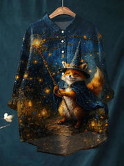 Women's Fox Art Print Casual Cotton and Linen Top