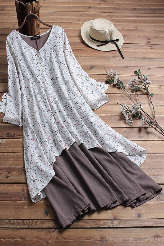 Floral Print V-neck Long Sleeves Midi Dress