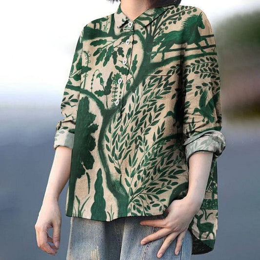 Women's Print Casual Cotton And Linen Shirt