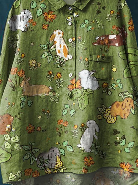 Vintage Lovely Rabbits Art Print Casual Cotton And Linen Shirt