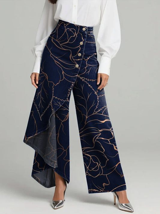 Women's Line Flower Art Print High-waisted Relaxed Fit Wide-leg Jeans With A Stylish Design.