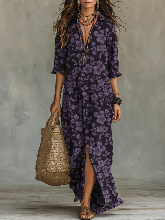 Women's Vintage Floral Decorative Patterns Long Sleeve 100%cotton Dress