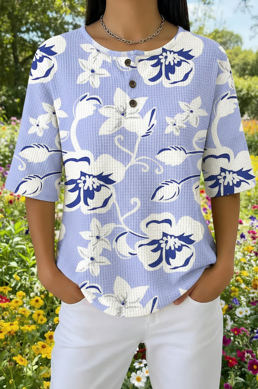 Womens Blue Tropical Floral Print Casual Waffle Cotton Shirt