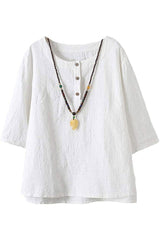 Solid Color Buttons Round Neck 3/4 Sleeves Shirts