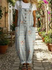 Women's Checkered Floral Print Casual Denim Jumpsuit
