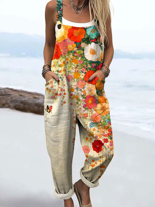 Women's Vintage Flower Art Print Casual Wide Leg Jumpsuit