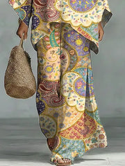 Women's Vintage Ethnic Floral Art Comfortable Loose Cotton Linen Wide-leg Pants Two-piece Set