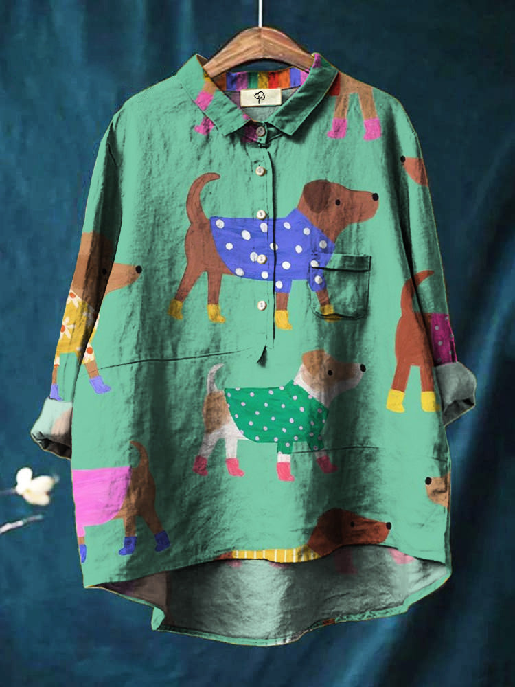 Cartoon Cute Playful Puppy Print Cotton And Linen Shirt