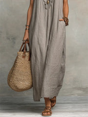 Ruffled Art Print Cotton-Linen Dress - Minimalist Sculptural Maxi