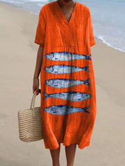 Women's Vintage Lovely Fish Art Print Flowy Dress