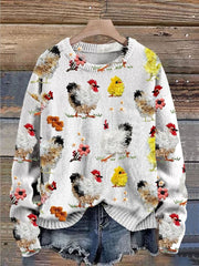 Farm Cute Animals Chicken Embroidery Simulation Print Knit Pullover Sweater