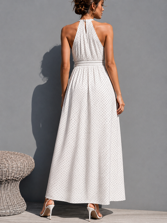 Women's Vacation-style White Polka-dot Cotton-blend Skirt With Ruched Waist