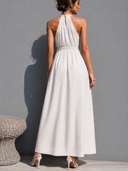Women's Vacation-style White Polka-dot Cotton-blend Skirt With Ruched Waist