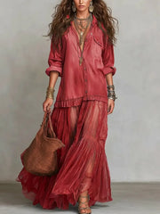 Mixed-Media Denim Art Dress - Elegant Organza Paneled Long Dress