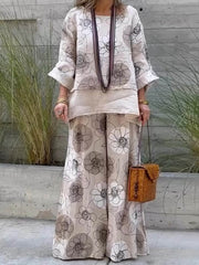 Womens Abstract Print Cotton Linen Spliced Top And Wide Leg Pants Set
