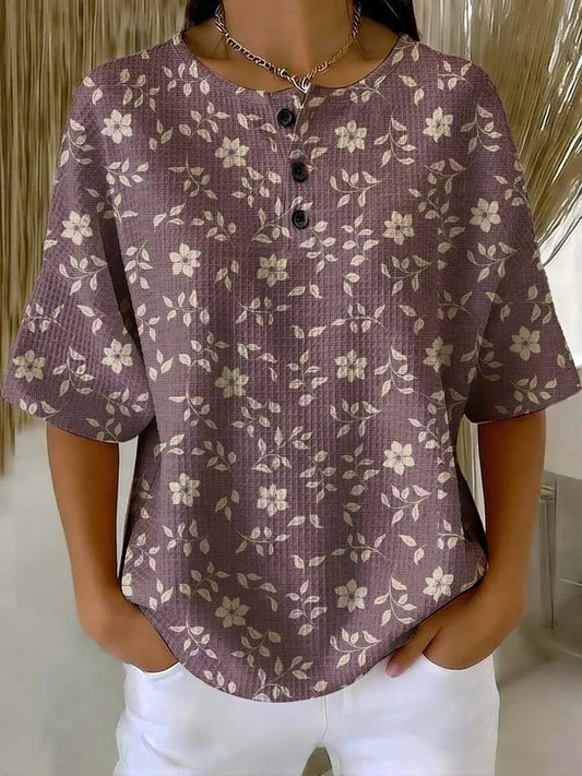 Women's Floral Art Print Casual Waffle Cotton Shirt RM604