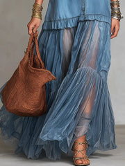 Mixed-Media Denim Art Dress - Elegant Organza Paneled Long Dress
