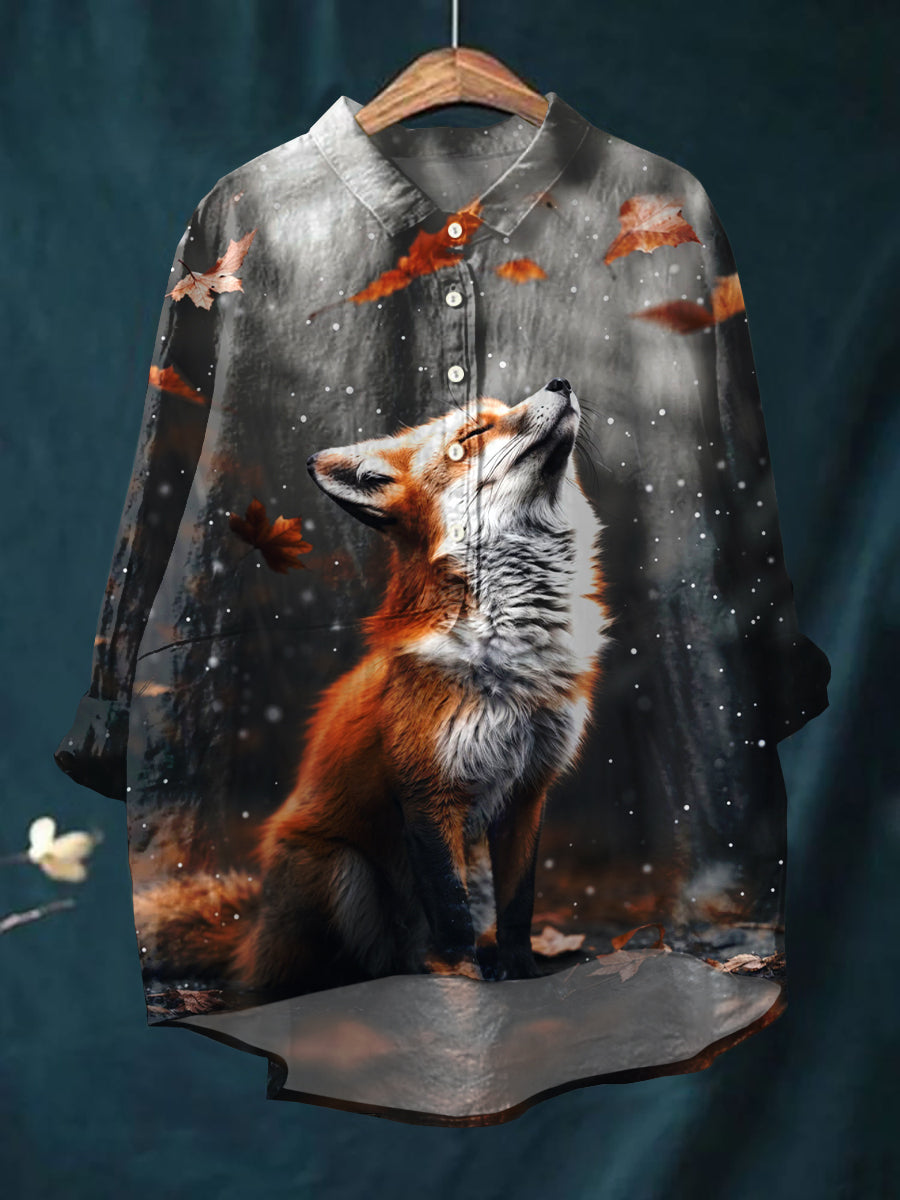 Women's Fox Art Print Cotton and Linen Top
